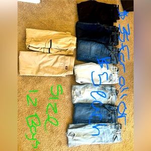 All name brand boys jeans. RSQ, Wrangler, and Dickies. Sizes 10 to 14. Shoes $25